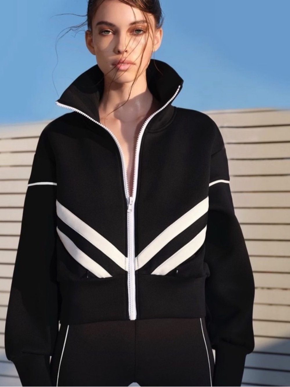 IVL COLLECTIVE cropped Black Bomber scuba Jacket White Chevron Trim